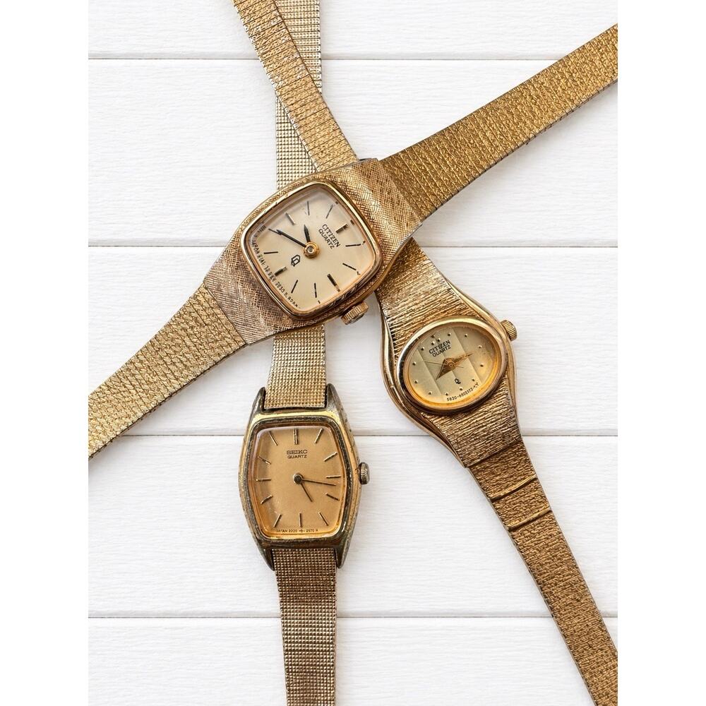 Vintage Seiko Citizen Timex Watch Lot Gold Tone Quartz Parts/Repair 1 Working - Picture 3 of 16